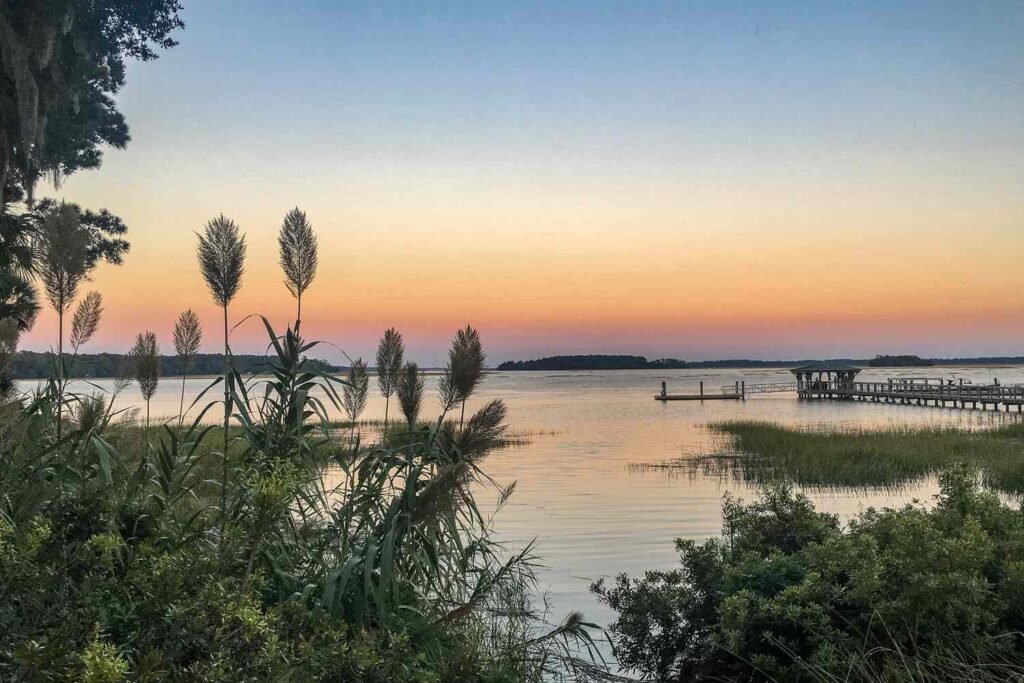 Sunset over May River in Bluffton SC Lowcountry real estate community